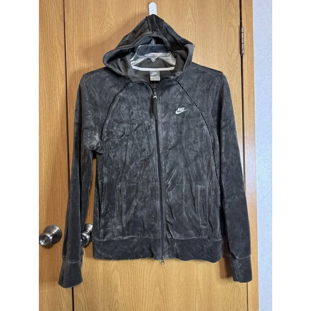 NWT NIKE Velvet Velour Hoodie Dark Gray Green Full Zip Y2K 90's Streetwear M